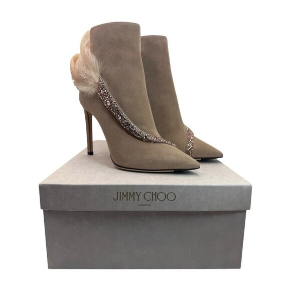 Jimmy Choo Suede Feather And Crystal Embellished Ankle Boots Size 36.5 - Picture 1 of 8